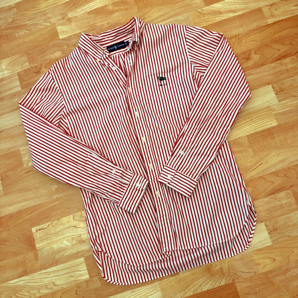 Ralph Lauren Mens Red White Striped RLYC Yacht Club Button Down Shirt Large